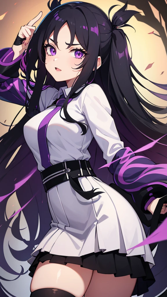 16 year old girl with long black wavy hair and purple eyes with Boku No Hero Academia manipulation powers 