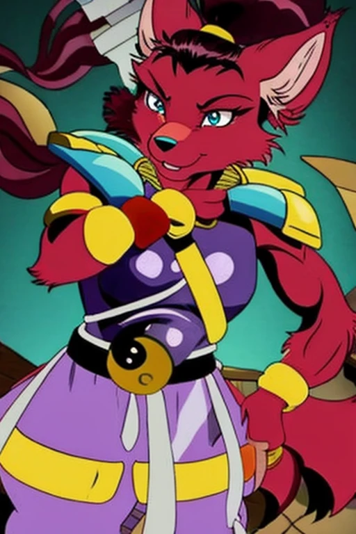 Ninjara_TMNT, fox, furry, solo, smile, crimson fur, crimson body, ponytail, armor, yin yang ,yin yang belt, purple pants, shoulder pads, shoulder armor, steel bracelets, hair tie, blue eyes, Chinese city, best quality, masterpiece