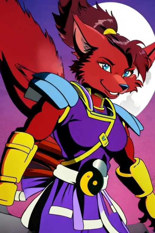 Ninjara_TMNT, fox, furry, solo, smile, crimson fur, crimson body, ponytail, armor, yin yang ,yin yang belt, purple pants, shoulder pads, shoulder armor, steel bracelets, hair tie, blue eyes, Chinese city, best quality, masterpiece