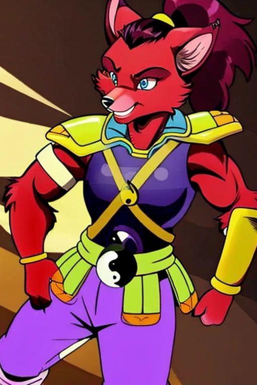 Ninjara_TMNT, fox, furry, solo, smile, crimson fur, crimson body, ponytail, armor, yin yang ,yin yang belt, purple pants, shoulder pads, shoulder armor, steel bracelets, hair tie, blue eyes, Chinese city, best quality, masterpiece 