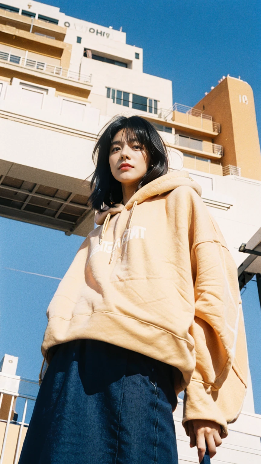 1 girl, wear ((orange oversized hoodie)), wear (purple tennis skirt),looking front,Best Quality,Masterpiece,Ultra High Resolution,(Realisticity:1.4),Original Photo, 1Girl, light leak,ultra high resolution,UHD,beautiful, black bob hair, almond eye, no makeup, in front of 80's mondrian architecture motel, (from below:1.3), (realistic:1.2), (surreal:1.3), (very detailed:1.1), ((masterpiece)),summer, blue sky, palm trees,sunny, los angles vibes