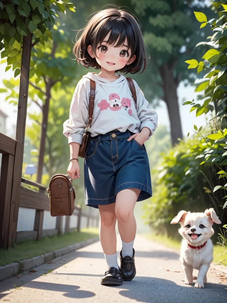 A kindergartener walking alongside a white dog that is bigger than him、girl、Sisters、