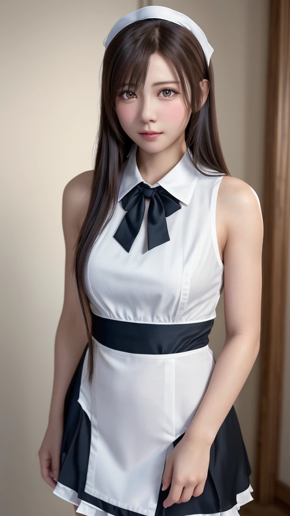 8K, Highest quality, Tabletop:1.2), (Realistic, Photorealistic:1.37), Highest quality, Tabletop, Beautiful young woman, Pensive expression,、attractive、そしてattractive表情, Cute maid outfit, Tie your hair back, Movie Background, Light skin tone