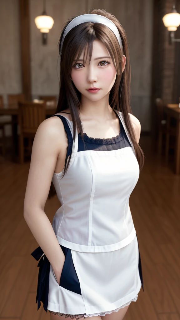 8K, Highest quality, Tabletop:1.2), (Realistic, Photorealistic:1.37), Highest quality, Tabletop, Beautiful young woman, Pensive expression,、attractive、そしてattractive表情, Cute maid outfit, Tie your hair back, Movie Background, Light skin tone