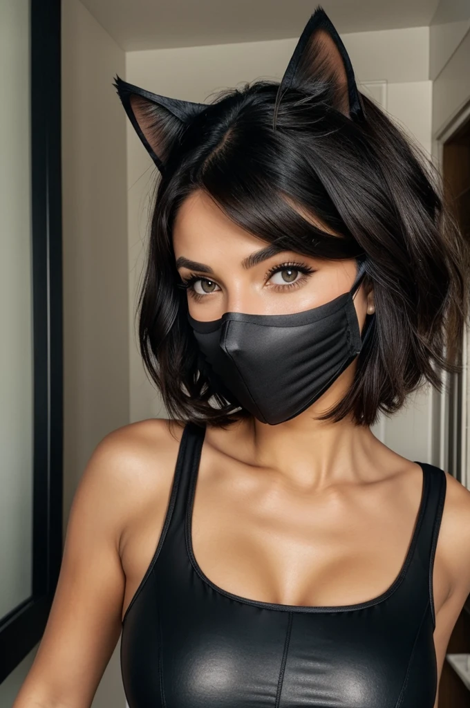 Beautiful woman with dark brunette hair color,short hair has a cat mask on her face covering it,She is dressed in tight black lycra and a T-shirt that is quite tight to her body.