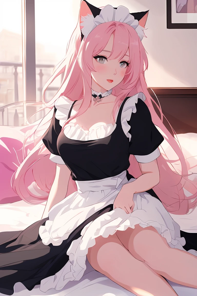 score_9,score_8_up,score_7_up,masterpiece, top quality, best quality, official art, beautiful and aesthetic, animation, , 1girl with cat ear, perfect figure, pink hair, complicated details, bedroom, summer afternoon, discuss changing clothes, (black maid&#39;s outfit:1.5), shy cat woman, pulling clothes ,