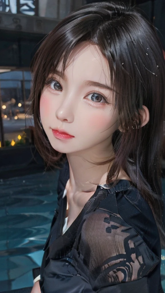 One Girl，(1人のとてもcute女の子:1.3)，masterpiece，Highest quality，High resolution，Photorealistic，RAW Photos，Ray Tracing，beautiful girl，(15 years old:1.3)，From below，From below見上げる，cute，Big eyes，(detailed pupils:1.2)，(The face is facing straight ahead:1.3)，Body facing forward，Beautiful nose，Fuller lips，Short black hair，ponytail，short hair，Detailed eyelashes，Thin eyebrows，Very fine grain definition，(Symmetrical eyes:1.3)，(Face close-up，Face Focus:1.0)，Small breasts，Short neck，，Sailor suit，The background is the sea，Southern Island，Blue sky，White cloud，Portrait，View Viewer，Upper Body，Cinema Lighting，High resolution，Very detailed
