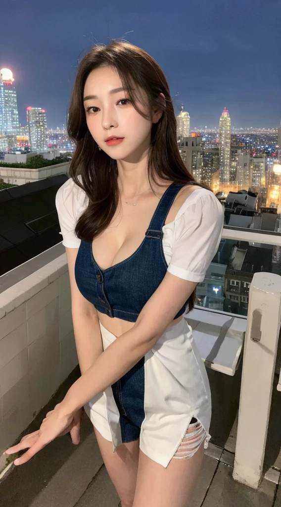 ((Midnight, Best quality, 8k, Masterpiece :1.3)), Whole body, Long legs, Sharp focus :1.2, A pretty woman with perfect figure :1.4, Slender abs :1.1, ((Dark brown hair, Big breasts :1.2)), (White tight tshirt, Jean bib, Standing:1.2), ((Night city view, Rooftop:1.3)), Highly detailed face and skin texture, Detailed eyes, Double eyelid