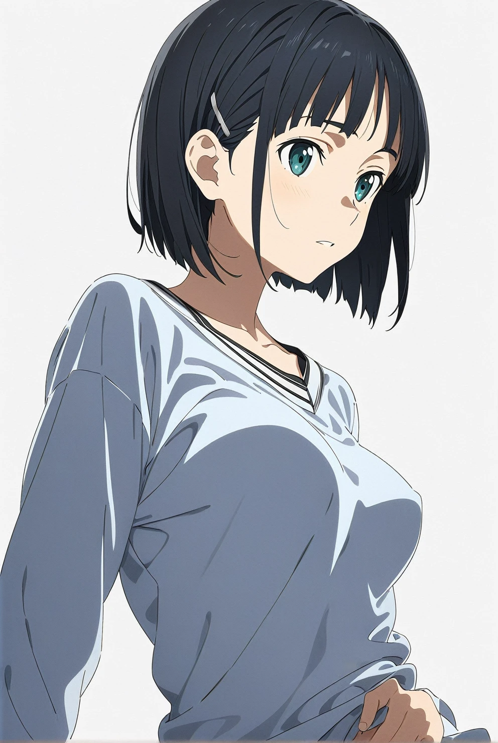 (masterpiece), (best quality), (ultra-detailed), very aesthetic, illustration, perfect composition, intricate details, absurdres, detailed face, (intricate),1girl, (kirigaya suguha, sword art online, green eyes, short hair, black hair, medium breasts), nipple,perfect face, 4k, extremely detailed anime illustration,, enhanced details,cowboy shot,perfect anatomy,smooth skin, (gray background), cristal clear eyes, beautiful face,(anime style:0.8), (highres),
