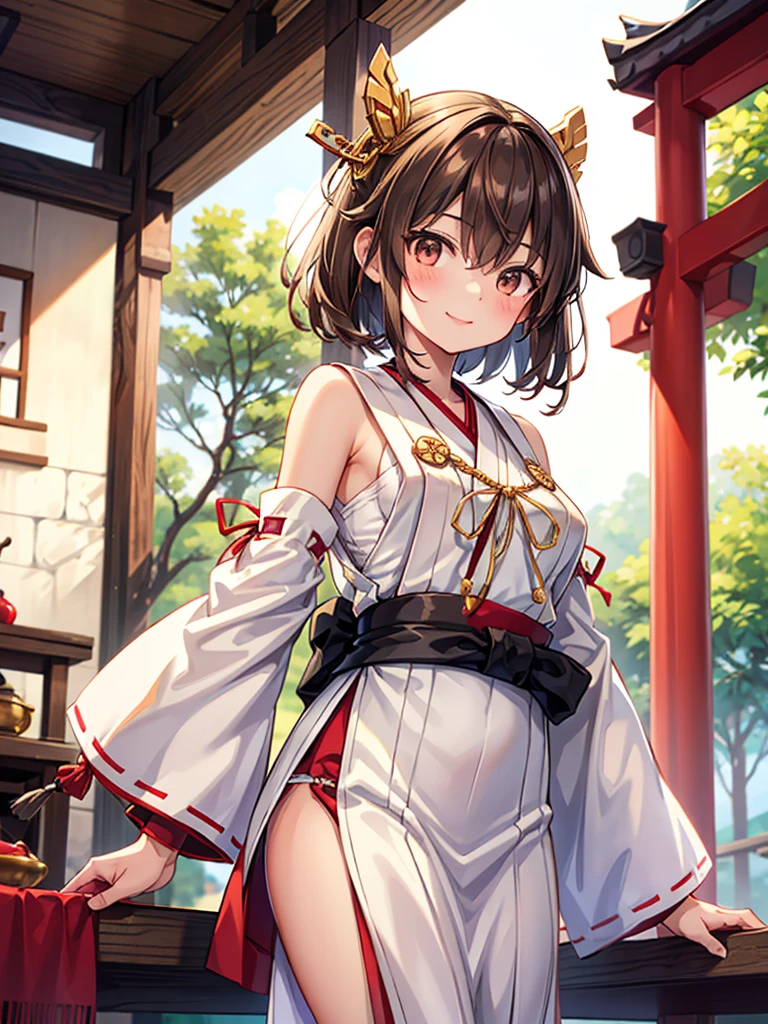 Miko Girl, Shining Black Eyes, Bright Smile, Bust C, Fluffy Brown Hair Short Hair ties a Japanese-style red ribbon on the right side, shrine maiden clothes have no sleeves, side milk, both The slit is open, white tabi,