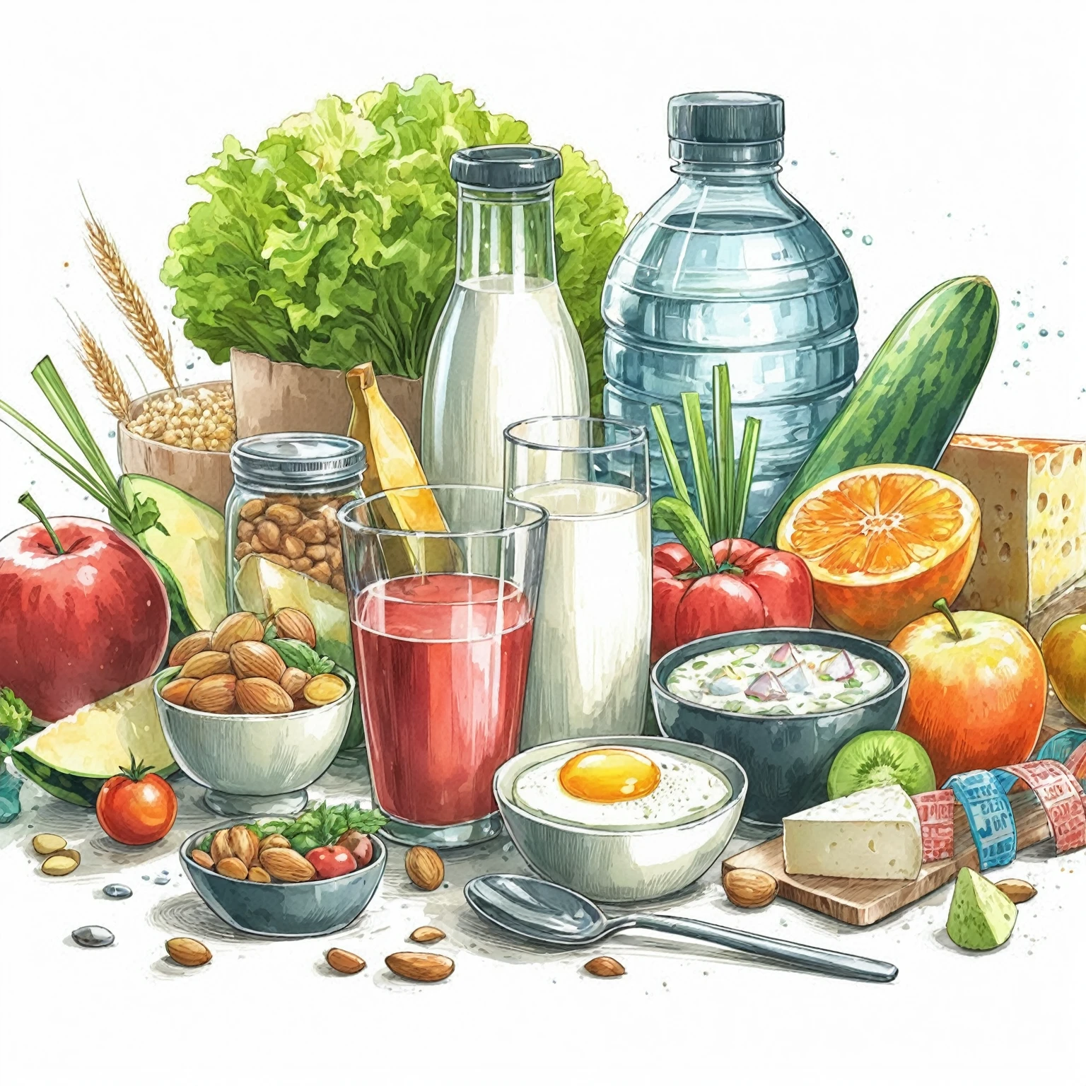 ((masterpiece)), ((best quality)), Healthy food illustration. gouache watercolor style, vibrant color, there are various fresh food in composition, juice, infused water, milk, orang juice, tomato juice, a toasted egg, oath, wheat, triangle cheese, melon, apples, avocadoes,  orange, onion, potatoes, bread, glass of mineral water, fresh meat, chicken meat,  melon, watermelon, paprika, orange, lettuce and many other, 8k,  vibrant color, against brilliant white background, isolated in white
