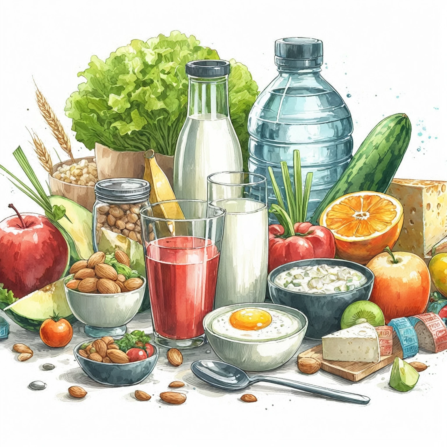 ((masterpiece)), ((best quality)), Healthy food illustration. gouache watercolor style, vibrant color, there are various fresh food in composition, juice, infused water, milk, orang juice, tomato juice, a toasted egg, oath, wheat, triangle cheese, melon, apples, avocadoes, orange, onion, potatoes, bread, glass of mineral water, fresh meat, chicken meat, melon, watermelon, paprika, orange, lettuce and many other, 8k, vibrant color, against brilliant white background, isolated in white