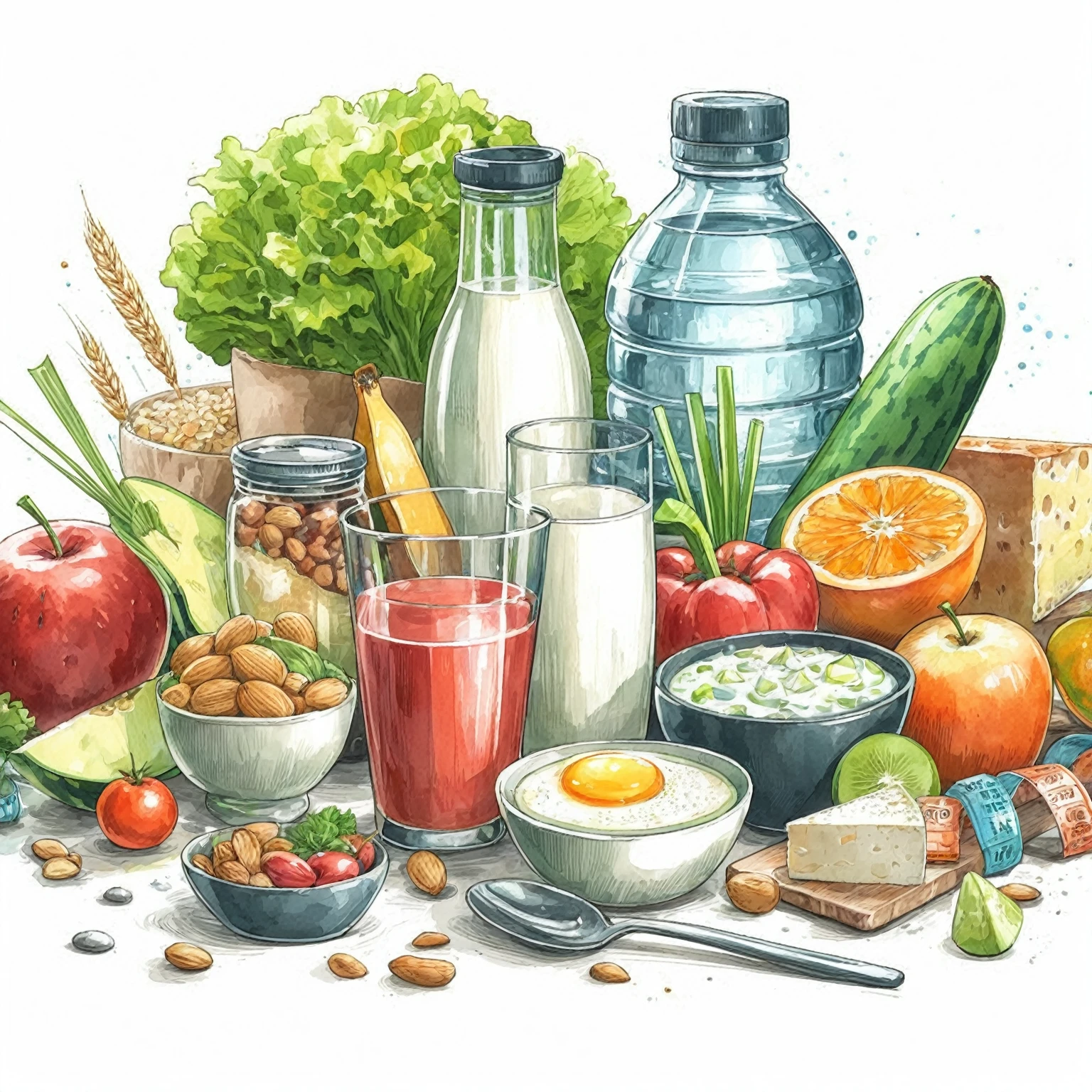 ((masterpiece)), ((best quality)), Healthy food illustration. gouache watercolor style, vibrant color, there are various fresh food in composition, juice, infused water, milk, orang juice, tomato juice, a toasted egg, oath, wheat, triangle cheese, melon, apples, avocadoes, orange, onion, potatoes, bread, glass of mineral water, fresh meat, chicken meat, melon, watermelon, paprika, orange, lettuce and many other, 8k, vibrant color, against brilliant white background, isolated in white