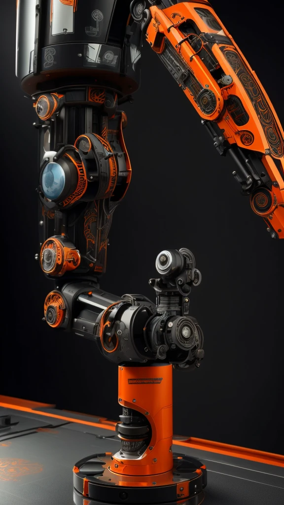A black robotic arm with animal engravings on the surface with looming details of electric orange energy 