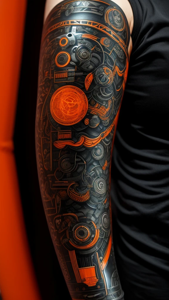 A black robotic arm with animal engravings on the surface with looming details of electric orange energy 