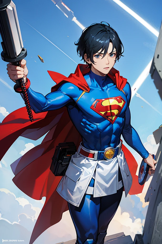 Wearing blue and red tights Superman costume,There is a Kamen Rider transformation belt on the waist,Wearing a metal drill,Carrying a big magic book