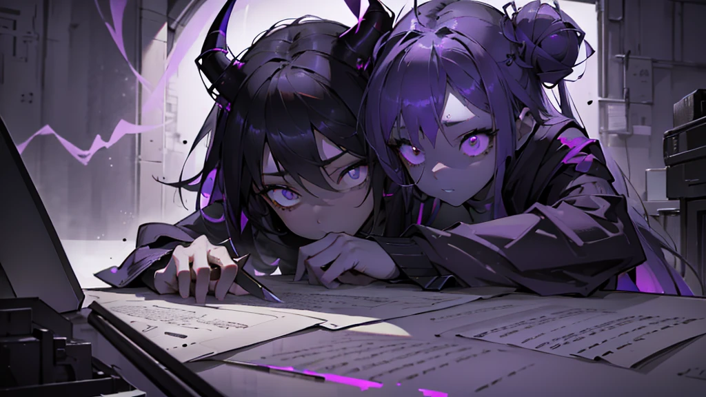 boy. thoughtful look. open forehead. black and purple hair tied in a bun on the left side to one side. sinuous black horns wrapped in dark purple ribbon. pale violet eyes. in short dark purple shorts. long white T-shirt. dark purple knee-high socks. dark_purple long coat with hood. древние dark_purple stone walls purple light from lamps on an old piano