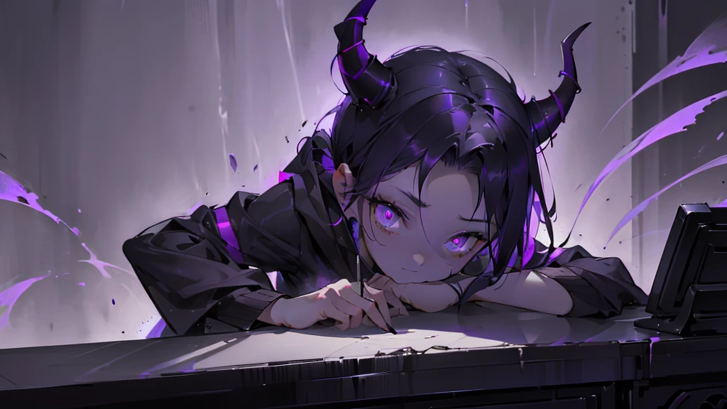 boy. thoughtful look. open forehead. black and purple hair tied in a bun on the left side to one side. sinuous black horns wrapped in dark purple ribbon. pale violet eyes. in short dark purple shorts. long white T-shirt. dark purple knee-high socks. dark_purple long coat with hood. древние dark_purple stone walls purple light from lamps on an old piano