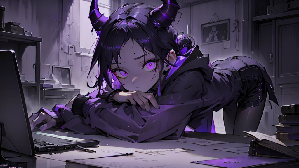 boy. thoughtful look. open forehead. black and purple hair tied in a bun on the left side to one side. sinuous black horns wrapped in dark purple ribbon. pale violet eyes. in short dark purple shorts. long white T-shirt. dark purple knee-high socks. dark_purple long coat with hood. древние dark_purple stone walls purple light from lamps on an old piano
