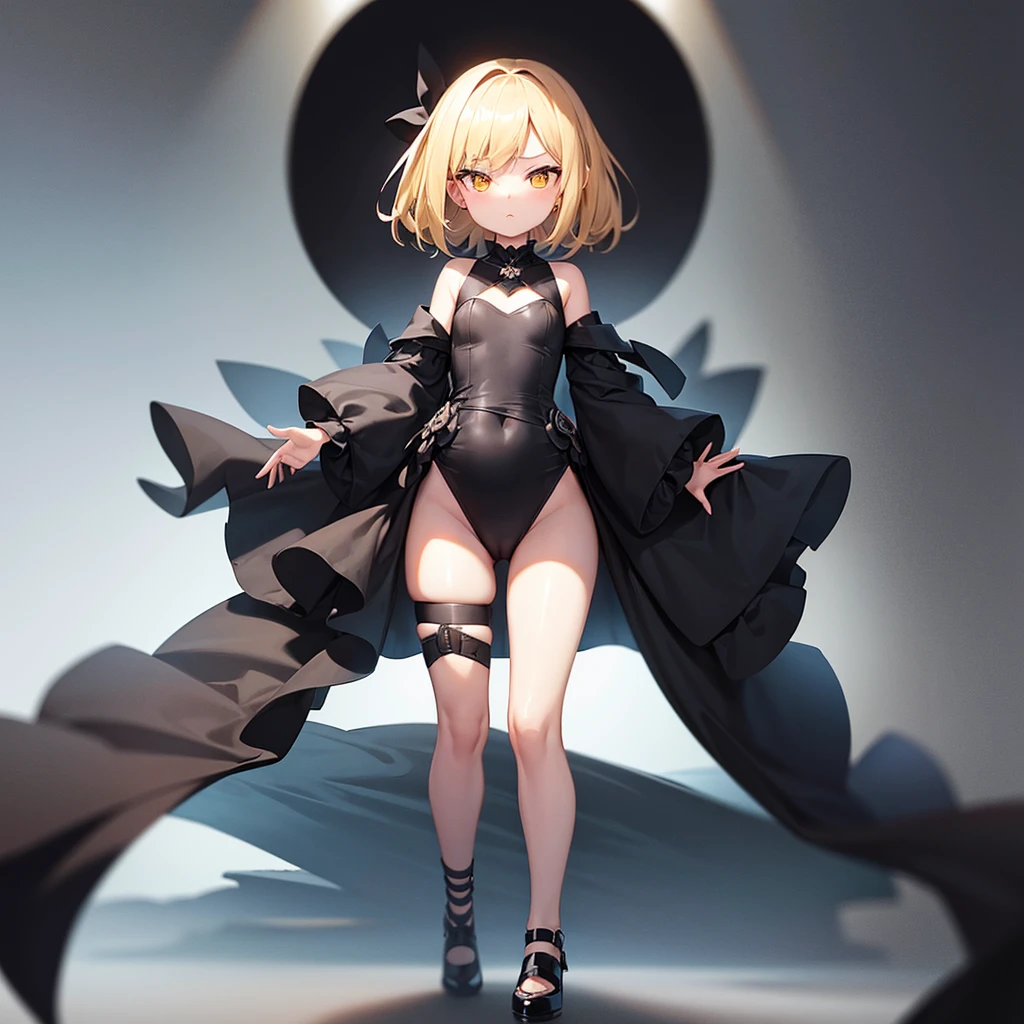 (((Black elegant dress))),(In a naughty way),Cute little ,Tiny Lori,Small girl,,Childish face, Very fine clean face,Top quality, Big eyes,Straight Hair,Yellow hair,Crimson Eye,(Dark Room), Subtle light, Natural light,Soft lighting,Light from directly behind, (Are standing), Cute pose, (Open your hands), Showing the whole body,Front view,Black background