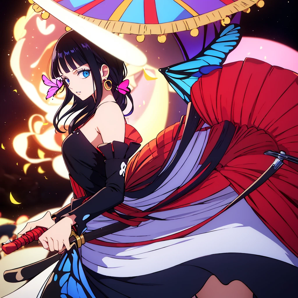 1girl, monkey d luffy, female, gender-bend, stawhat, solo, butterfly, bug, jewelry, earrings, black hair, straw_hat, long_hair, looking_at_viewer, umbrella, holding, bare_shoulders, parted_lips, upper_body, breasts, dress, from_side, shirt, bangs, black_ribbon, flower, blue_eyes, stud_earrings, eyelashes, blue_theme, frills, dress, glowing, hair_between_eyes