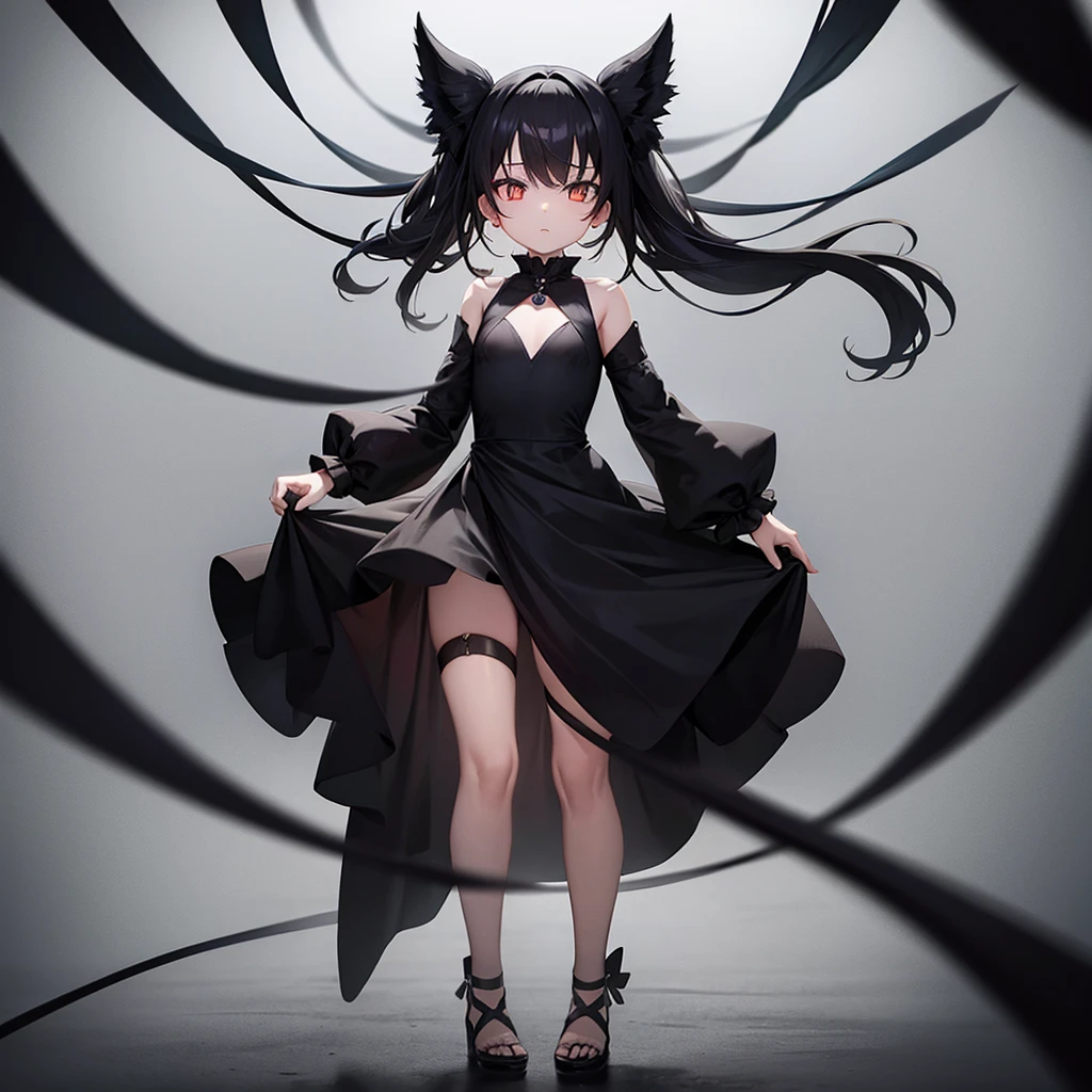 (((Black elegant dress))),(In a naughty way),Cute little loli,Tiny Lori,Small girl,,Childish face, Very fine clean face,Top quality, Big eyes,Straight Hair,Yellow hair,Crimson Eye,(Dark Room), Subtle light, Natural light,Soft lighting,Light from directly behind, (Are standing), Cute pose, (Open your hands), Showing the whole body,Front view,Black background