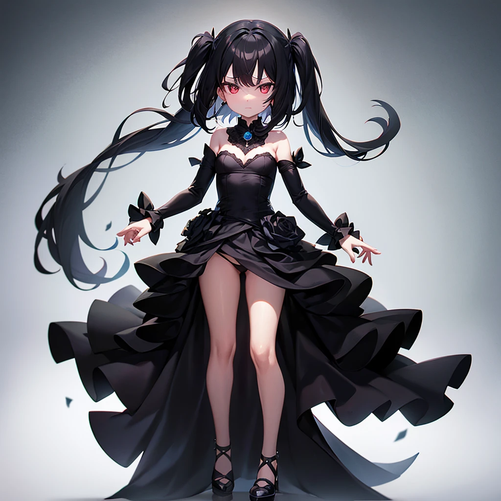 (((Black elegant dress))),(In a naughty way),Cute little loli,Tiny Lori,Small girl,,Childish face, Very fine clean face,Top quality, Big eyes,Straight Hair,Yellow hair,Crimson Eye,(Dark Room), Subtle light, Natural light,Soft lighting,Light from directly behind, (Are standing), Cute pose, (Open your hands), Showing the whole body,Front view,Black background