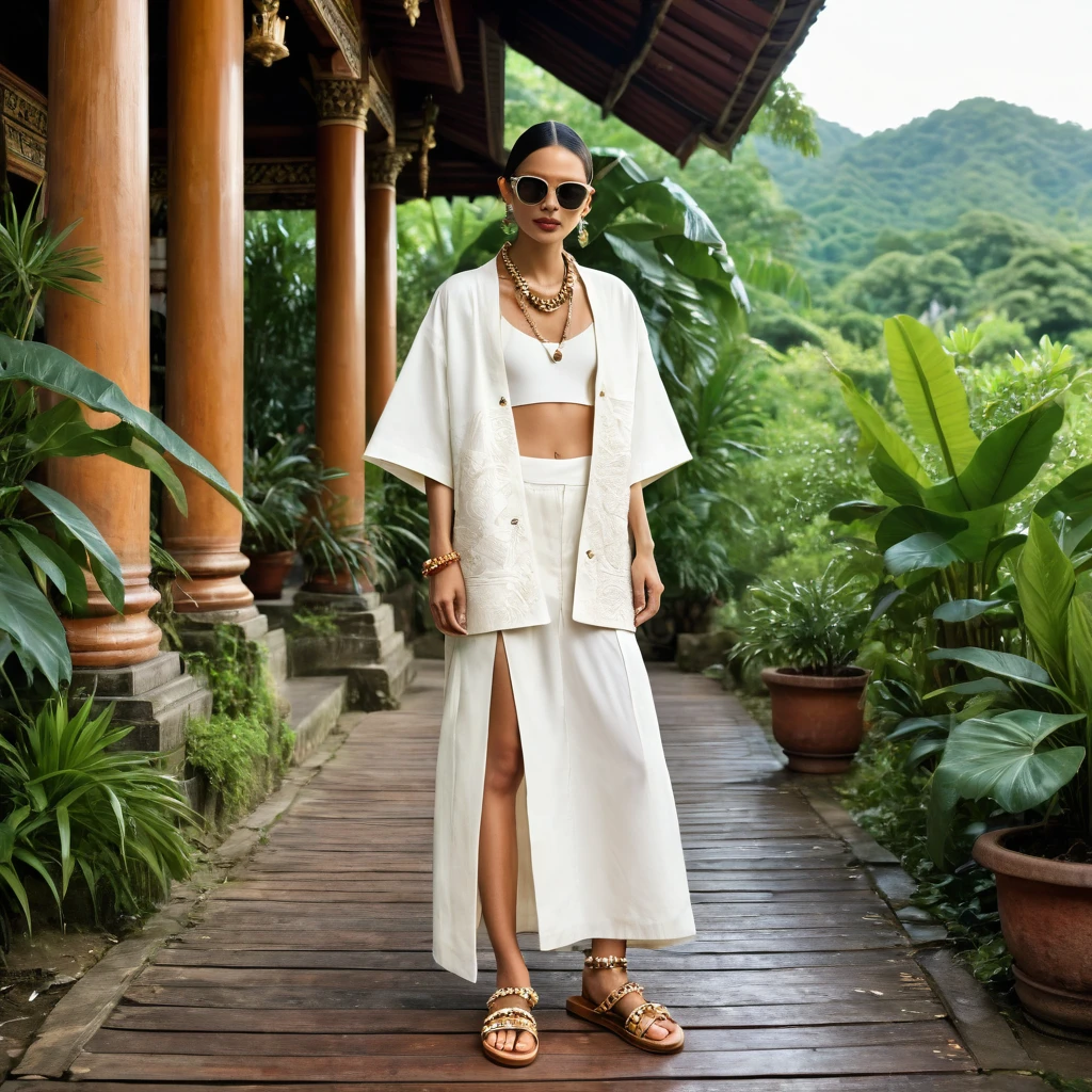 In a picturesque Chiang Mai setting, a young man and woman, both aged 18-25, showcase fashion outfits inspired by local culture and nature, all in elegant white. The man wears an oversized short-sleeved bowling rayon shirt with subtle white patterns motifs, paired with relaxed-fit organic cotton- rayon shorts, and a beige utility Yukata jacket with embroidered details. He completes his look with white leather-strap flip-flops, wooden-framed sunglasses, and a woven bracelet.
The woman complements him in a white rayon maxi dress, minimal detail, and a sleeveless rayon crop top underneath. Her ensemble includes an A-line rayon skirt with wooden button details and a waist tie. She accessorizes with a wide-brimmed straw hat, beaded-strap sandals, and a necklace.
Standing amidst lush greenery and traditional Thai architecture, their white outfits contrast beautifully with the vibrant surroundings, blending contemporary style with cultural motifs and natural elements, celebrating the essence of Chiang Mai. captured in a full-body pose, emphasizing his captivating presence and the intricate details of the surroundings. ((full body pose)), ((front view, dynamic angle)),
((masterpiece)), ((best quality:1.4)), High Resolution, (ultra_realistic:1.37), (photorealistic:1.4, (NSFW)
unparalleled attention to detail, extremely hyper detailed, sharp focus, natural flesh tones, soft light, highly detailed, intricate details, dramatic composition, realism, high-quality rendering, film grain, insanely detailed, seductive, dramatic lighting, dominant, high definition, UHD, 8k
Canon EOS R6 camera with a 50mm f/1.8 lens, f/2.2 aperture, shutter speed 1/200s. ISO100, by Thomas Synnamon, professional fashion photographer,
((Pay attention to the layer and arrangement of body parts and surrounding objects)), ((Pay attention to the body composition)), ((Correct body structure)), ((Correct photo distance)), romantic atmosphere, lively extremely Gorgeous background),