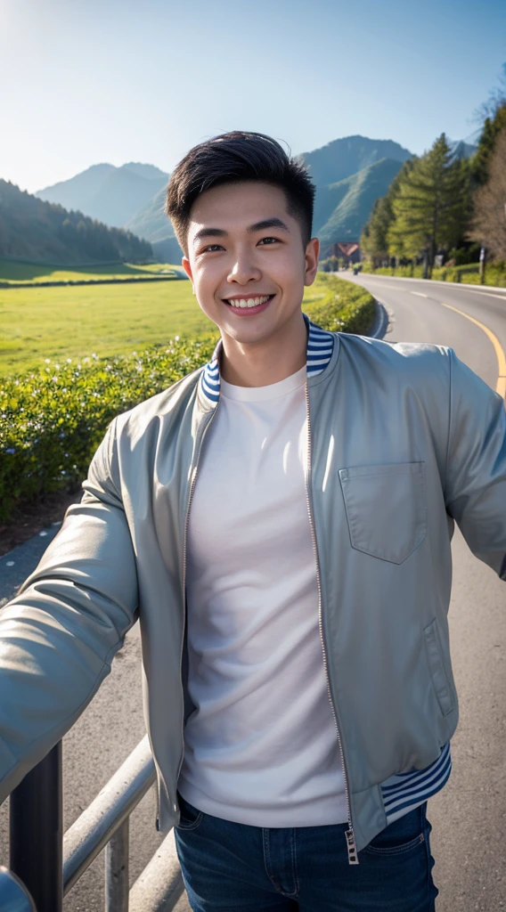 Masterpiece, best quality best, 1 young man, Asian man, East Asian people, one person, The muscles are in good proportion., Posing obscenely, short hair details，smile, white teeth, jacket set, road background, Realistic style，photography，Can be seen from the front, see viewers