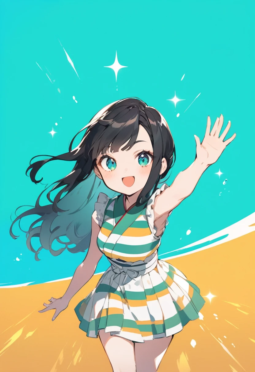 strong light, Sparkling emerald sea, In a Japanese anime style, 1 woman, hand waving pose, black hair, Secret two tone, hair that is blue on the inside, light skin, striped dress,