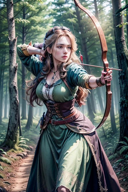 Female Robin hood with a cross bow, shooting an arrow in the forest. Female archer. The scenes are magnificent and surreal. (best qualityer, 4K, 8K, high resolution, master part:1.2), ultra detali, (realisitic, photorrealistic, realisitic:1.37), Portrait of a, vivid colors, studio lit, sharp focus, physics based rendering, extreme detail description, Bible Topics, Great atmosphere, radiant light.