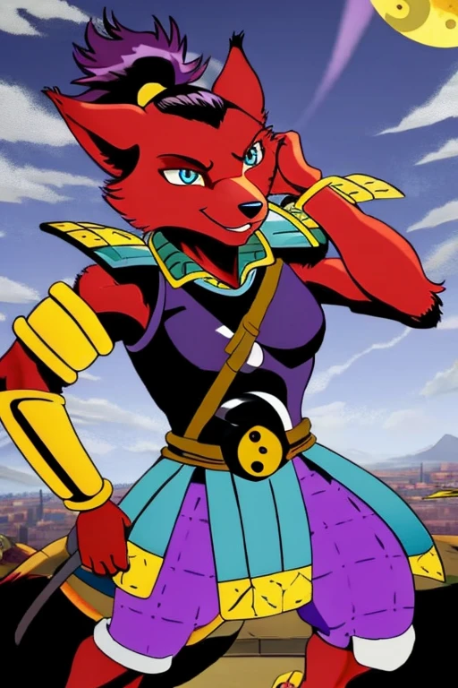 Ninjara_TMNT, fox, furry, solo, smile, crimson fur, crimson body, ponytail, armor, yin yang ,yin yang belt, purple pants, shoulder pads, shoulder armor, steel bracelets, hair tie, blue eyes, Chinese city, best quality, masterpiece 