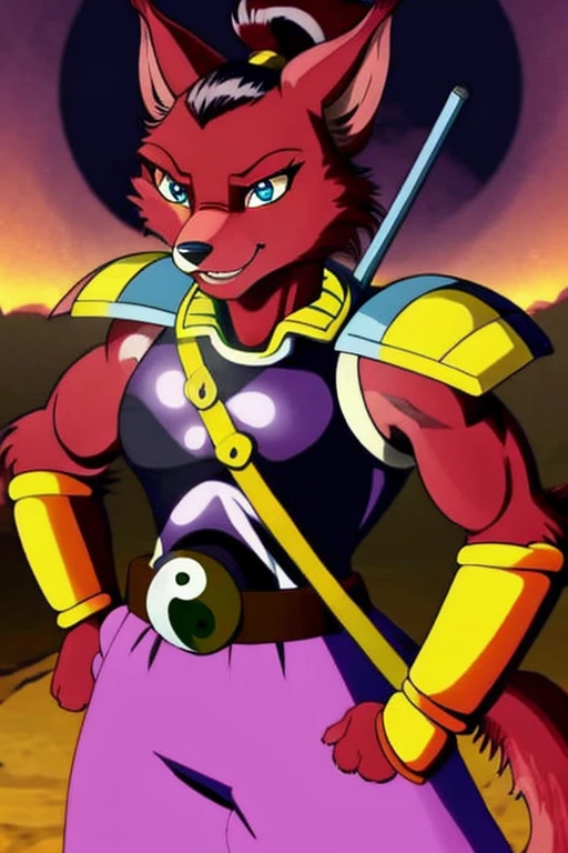 Ninjara_TMNT, fox, furry, solo, smile, crimson fur, crimson body, ponytail, armor, yin yang ,yin yang belt, purple pants, shoulder pads, shoulder armor, steel bracelets, hair tie, blue eyes, Chinese city, best quality, masterpiece