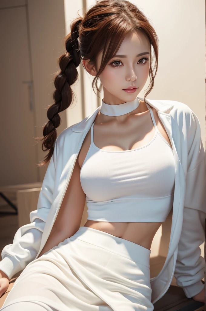 White tank top,One gorgeous girl, Portrait of a beautiful donkey pex, Athletic ability, White jacket, skirt, pants, Black Hair, Redhead, Braid, compensate, choker, Small hips, Volumetric lighting, Highest quality, masterpiece, Intricate details, Tone Mapping, Sharp focus, Super detailed, Trending on Art Station, Realistic