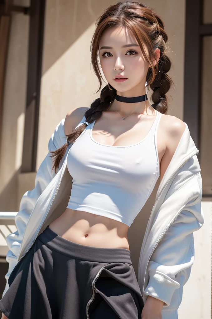 White tank top,One gorgeous girl, Portrait of a beautiful donkey pex, Athletic ability, White jacket, skirt, pants, Black Hair, Redhead, Braid, compensate, choker, Small hips, Volumetric lighting, Highest quality, masterpiece, Intricate details, Tone Mapping, Sharp focus, Super detailed, Trending on Art Station, Realistic