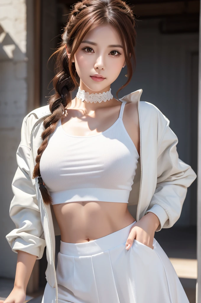 White tank top,One gorgeous girl, Portrait of a beautiful donkey pex, Athletic ability, White jacket, skirt, pants, Black Hair, Redhead, Braid, compensate, choker, Small hips, Volumetric lighting, Highest quality, masterpiece, Intricate details, Tone Mapping, Sharp focus, Super detailed, Trending on Art Station, Realistic  