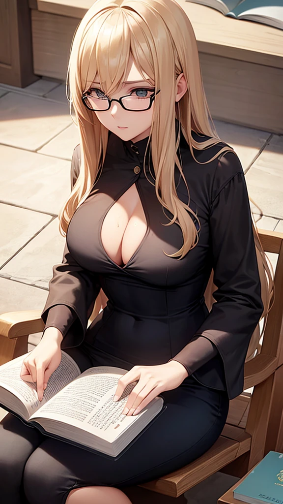 blonder woman, reading a book, wearing glasses, and in a black swimsuit 