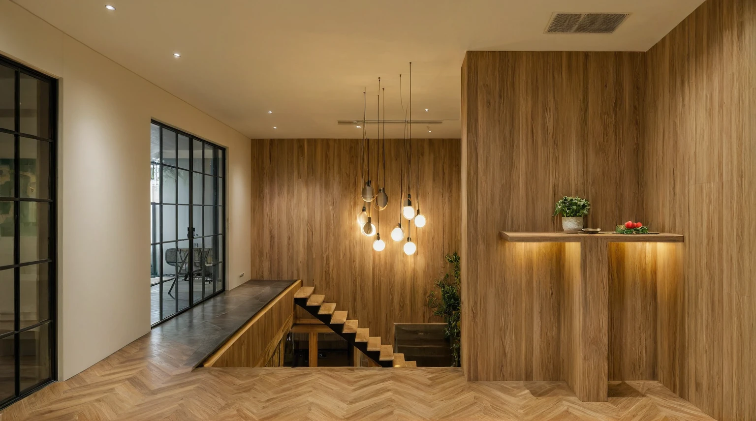 Raw photo, Masterpiece, high quality, best quality, authentic, super detail, interior, indoors, style modern, minimalist line, wooden, oak wood, led light, beige paint wall, sofa, daylight, atrium, LIVING ROOM, PEN HOUSE, kitchen, island kitchen, alu window, japan style, wasabi style, Jen style, steel stair,