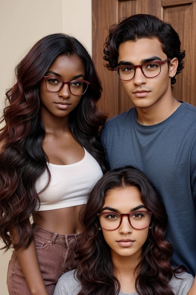 (realist) (couple) (21 year old girl, dark-skinned, He has wavy, wine red hair., He has honey-colored eyes and wears dark blue glasses.) (21 year old boy, es dark-skinned, He has wavy black hair., He does not wear glasses and has a shaped nose and plenty of eyebrows.)