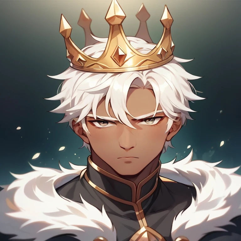 A man with a short, white head, wearing a crown on his head, his eyes are dark and his skin is light, he wears black European royalty style clothes, with a serene expression, a serious pose. 