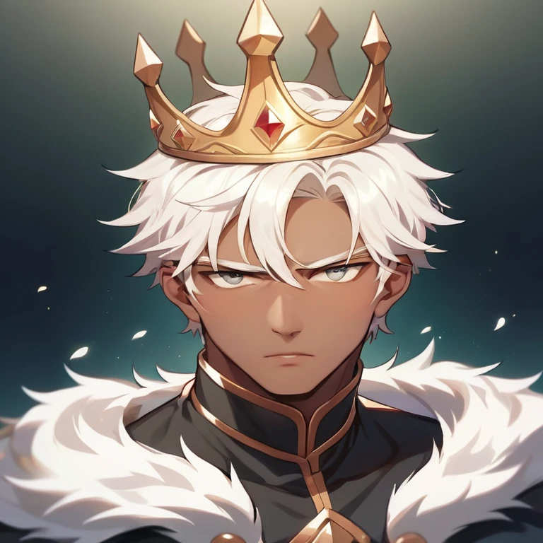 A man with a short, white head, wearing a crown on his head, his eyes are dark and his skin is light, he wears black European royalty style clothes, with a serene expression, a serious pose.