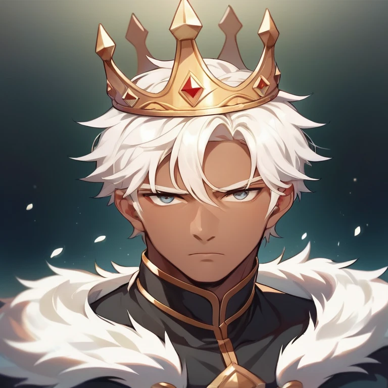 A man with a short, white head, wearing a crown on his head, his eyes are dark and his skin is light, he wears black European royalty style clothes, with a serene expression, a serious pose. 