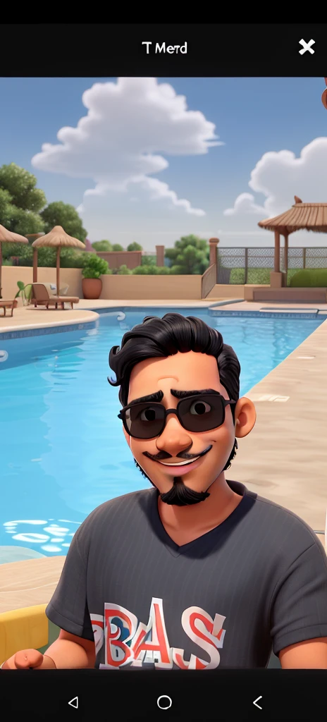 Boy with black eyes, hair, beard and mustache, dark skin, wearing sunglasses, on the edge of the pool on a sunny day, features of an Indian prince, round face, slightly protruding cheekbones, smiling for the photo.