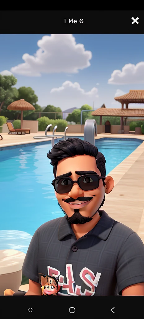 Boy with black eyes, hair, beard and mustache, dark skin, wearing sunglasses, on the edge of the pool on a sunny day, features of an Indian prince, round face, slightly protruding cheekbones, smiling for the photo.