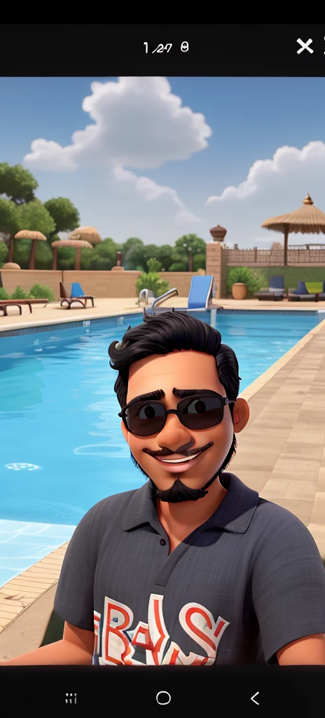 Boy with black eyes, hair, beard and mustache, dark skin, wearing sunglasses, on the edge of the pool on a sunny day, features of an Indian prince, round face, slightly protruding cheekbones, smiling for the photo.