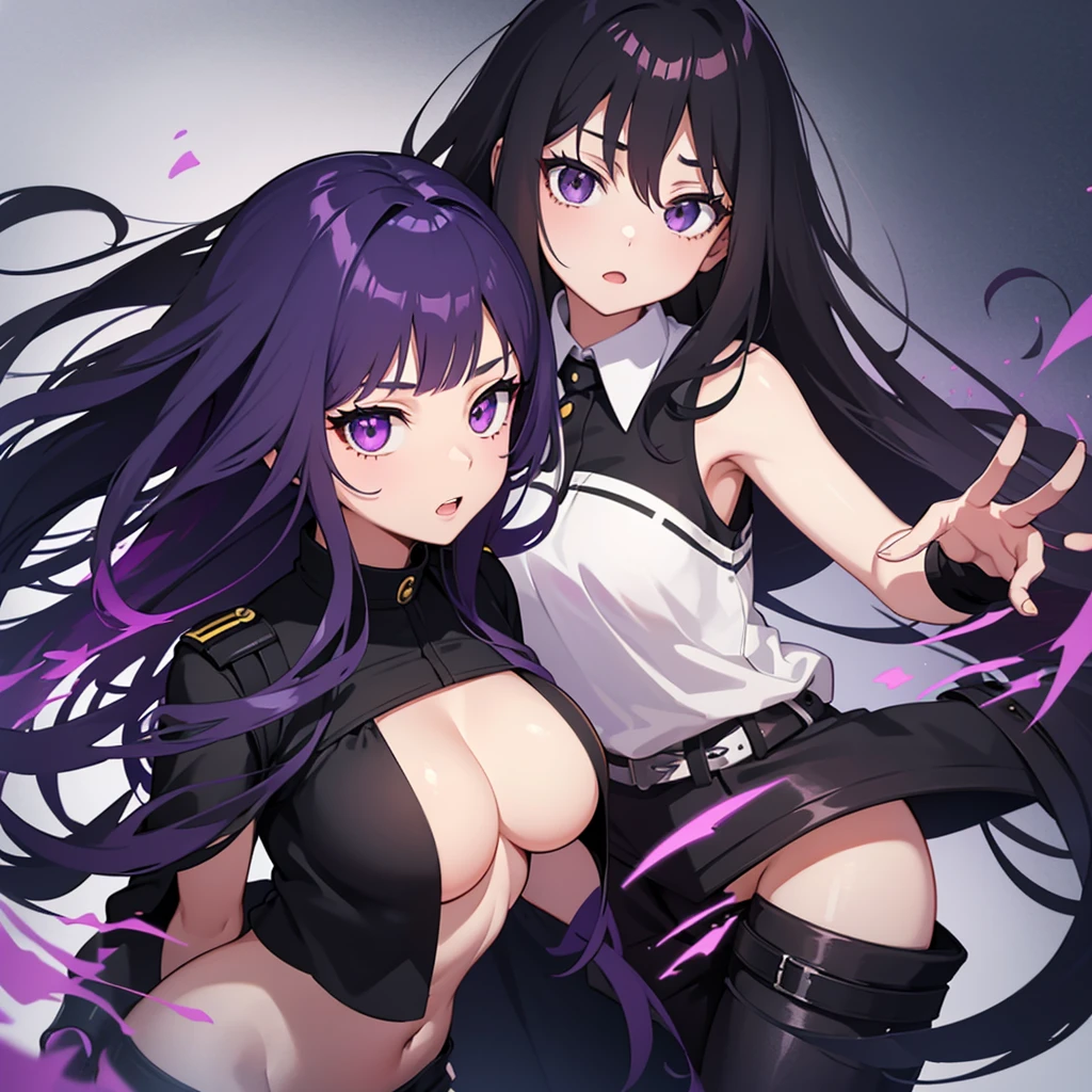 16 year old girl with long black wavy hair and purple eyes with Boku No Hero Academia manipulation powers alongside Haws