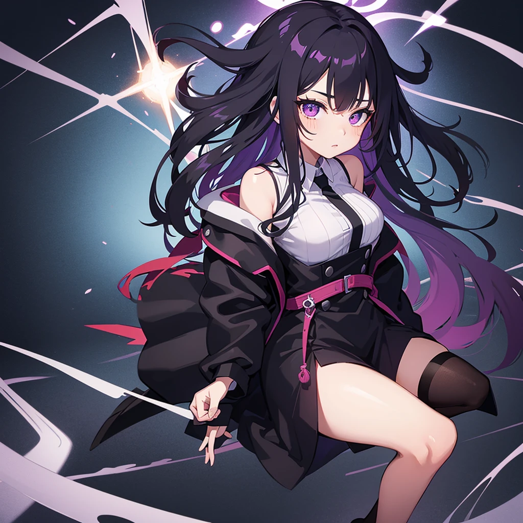 16 year old girl with long black wavy hair and purple eyes with Boku No Hero Academia manipulation powers alongside Haws