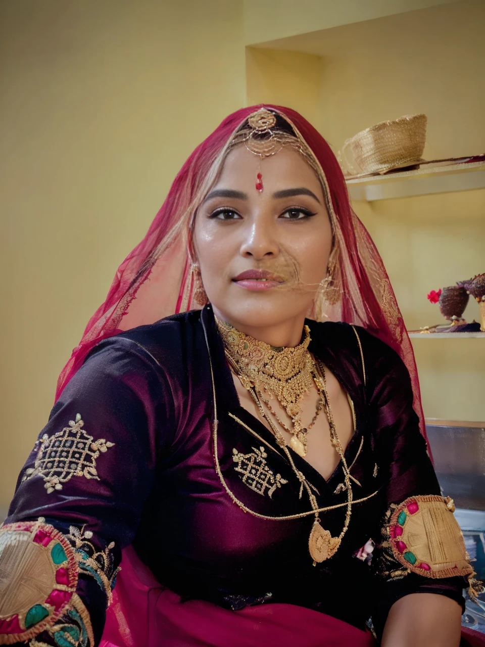 a woman in a vibrant red saree and black blouse, extremely detailed face and eyes, beautiful long eyelashes, graceful presence, gliding through a crowded indian marketplace, merchants and shoppers pause in awe, captivating beauty, mesmerizing allure, scent of freshly ground spices, distant temple bells, intricate henna designs, curious photographer determined to capture her beauty, (best quality,4k,8k,highres,masterpiece:1.2),ultra-detailed,(realistic,photorealistic,photo-realistic:1.37),award-winning portrait photography,cinematic lighting,vibrant colors,intricate details,dramatic composition,ethereal elegance,timeless beauty