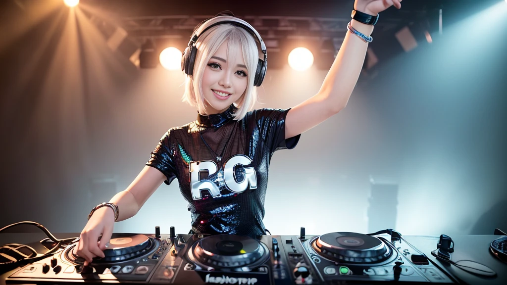 (ultra - detailed, 16K resolution, Cinema lenses, rendering by octane), (high resolution:1.18), intricate detail, (masterpiece:1.1), (highest quality:1.1), (1girl, portrait, white hair, blue eyes, short hair, detailed eyes),Wearing silver DJ headphones, Shiny silver sequined T-shirt, (Iconic hip-hop pop costumes:1.3), Smile while DJing on stage, full body shot of, The spotlight shines on the female DJ. Photorealistic photography by Disco Lighting, (cute round face:1.3), perfect fingers, five fingers, beautiful hands, perfect hands. master peace, cute smile.