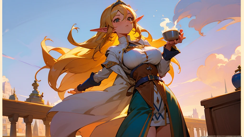 Anime Style,Nostalgic,Detailed background,The medieval world,A lively coffee shop with lots of people,Beautiful sky,Beautiful bard elf girl holding coffee,Large Breasts,Healthy thighs,Protruding buttocks,Underarm